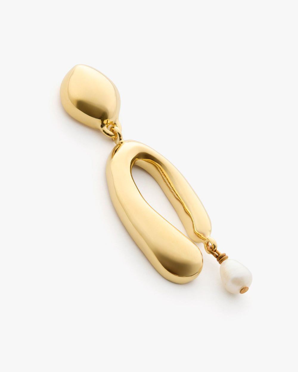 Earring with open oval shape and small pearl drop.