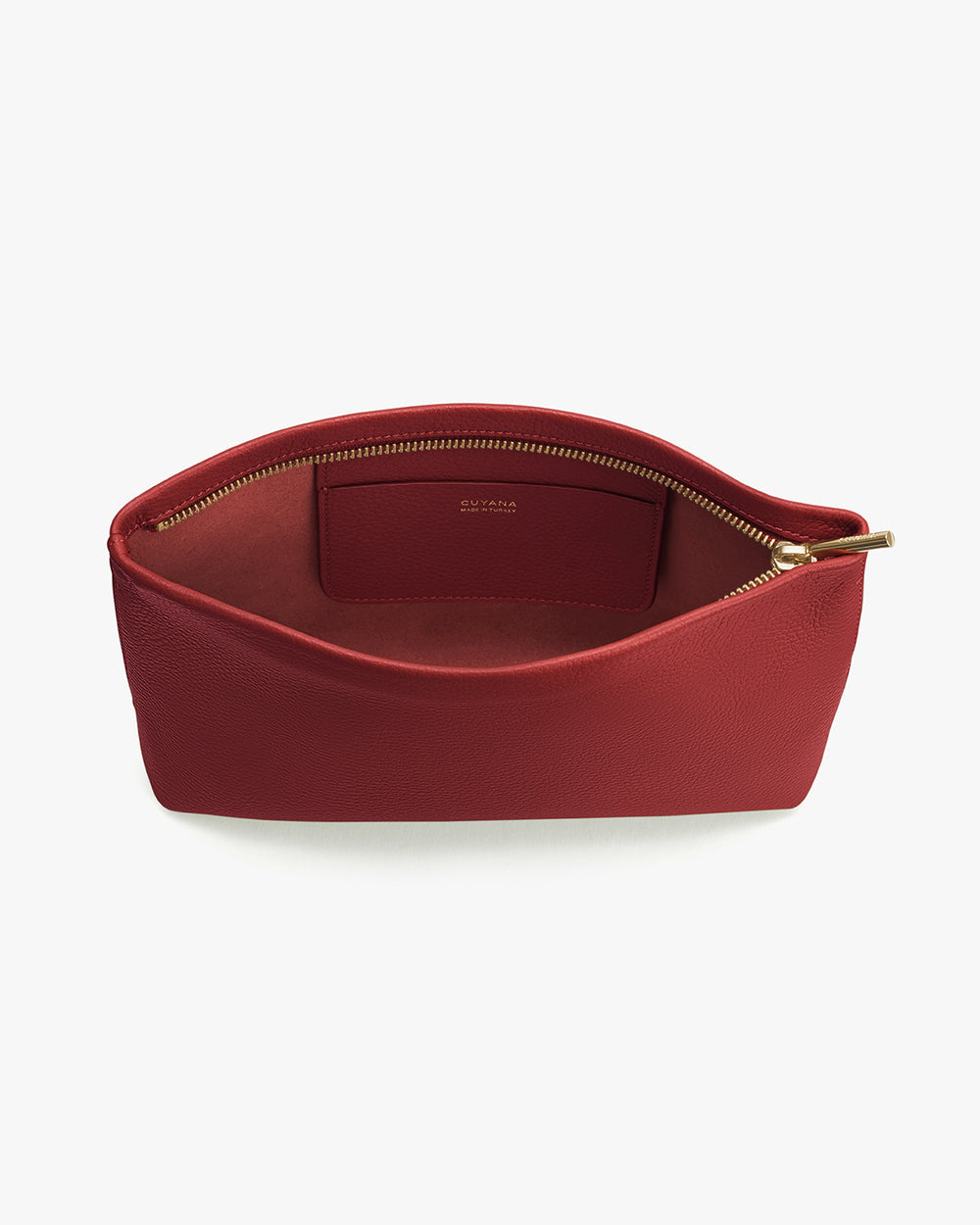 Open zipper pouch with interior pocket and embossed brand text.