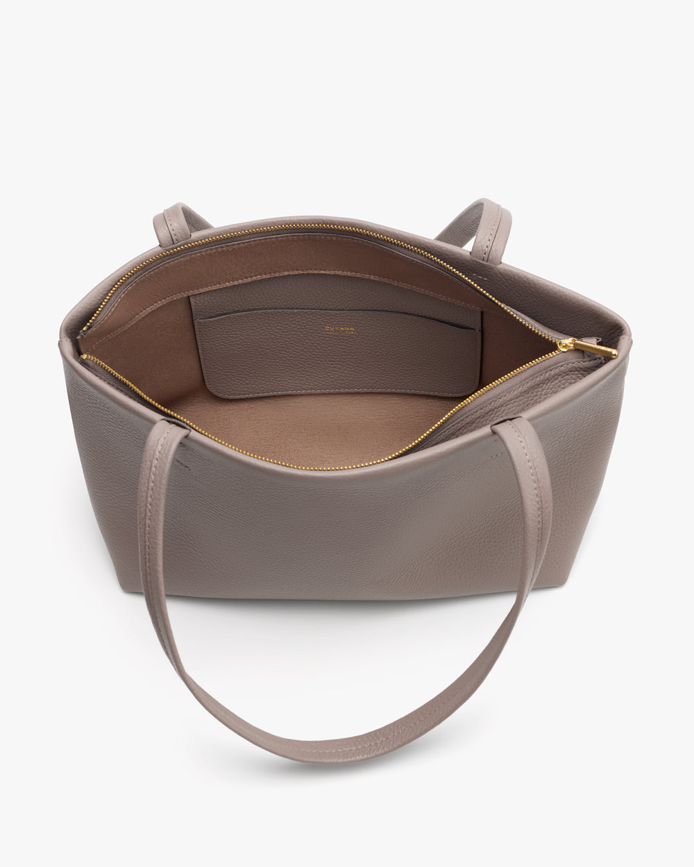 Open tote bag with interior pocket and zipper.