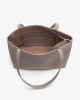 Open tote bag with interior pocket and zipper.