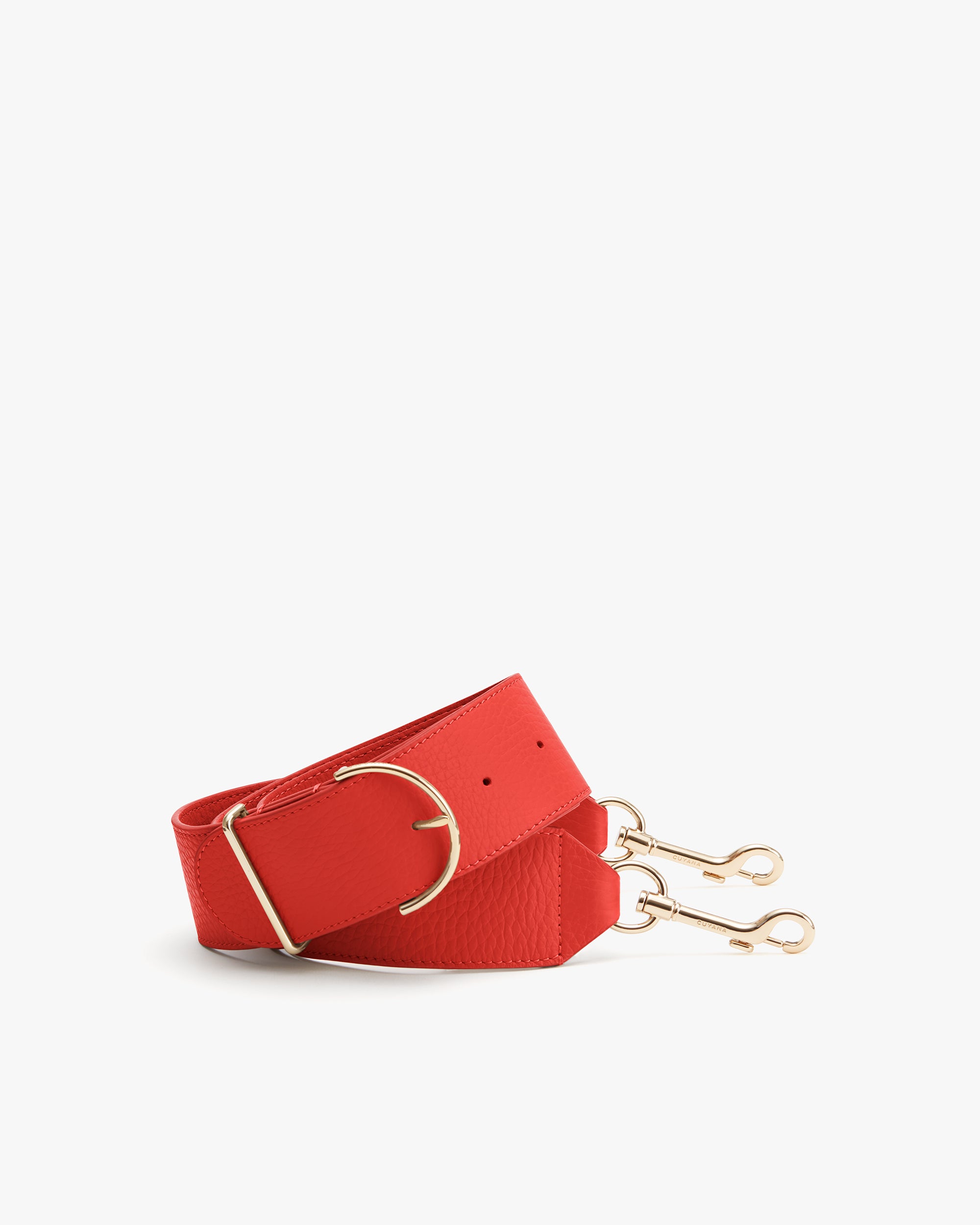 Wide strap with metal clasps and buckle on the side.