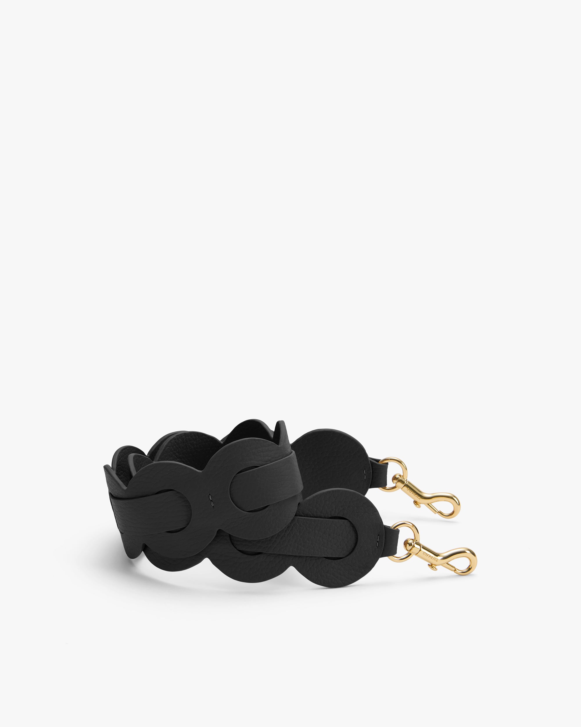 Bag strap with interlocking design and metal clasps.