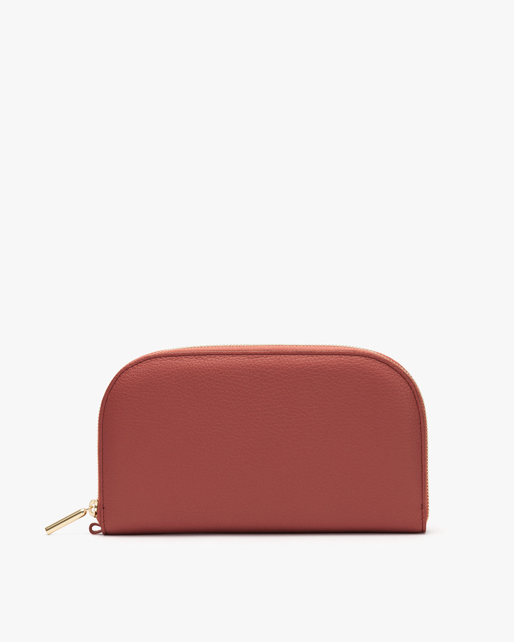 Rectangular zippered wallet standing upright.