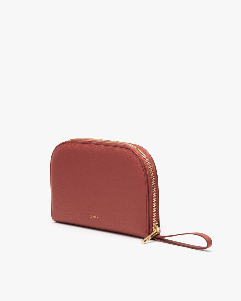 Handheld pouch with wrist strap and zipper closure.