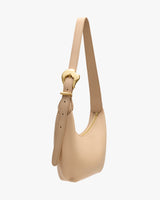 Shoulder handbag with a thick strap and gold buckle.