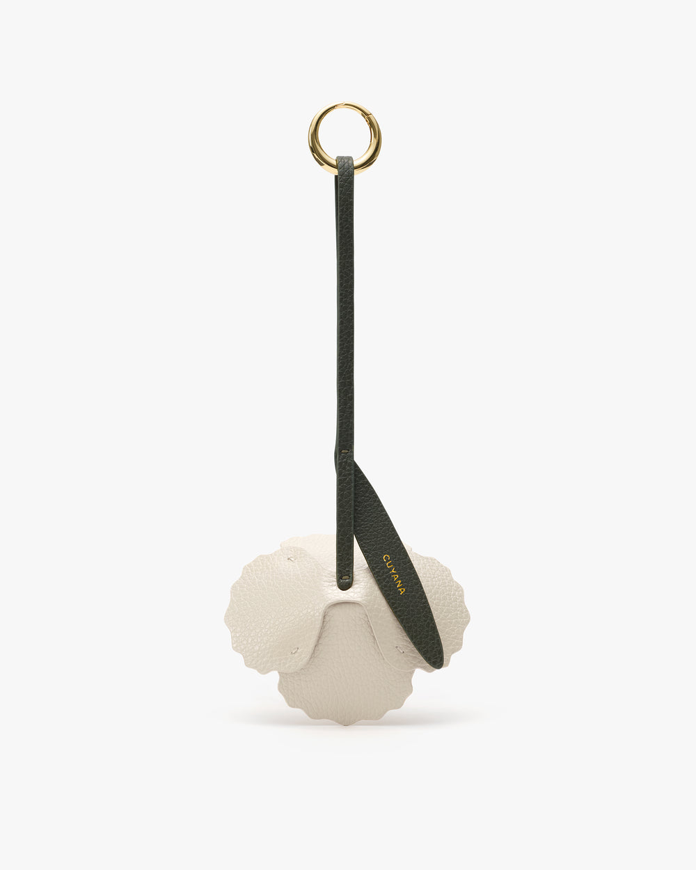 Flower-shaped keychain with a circular ring and strap.