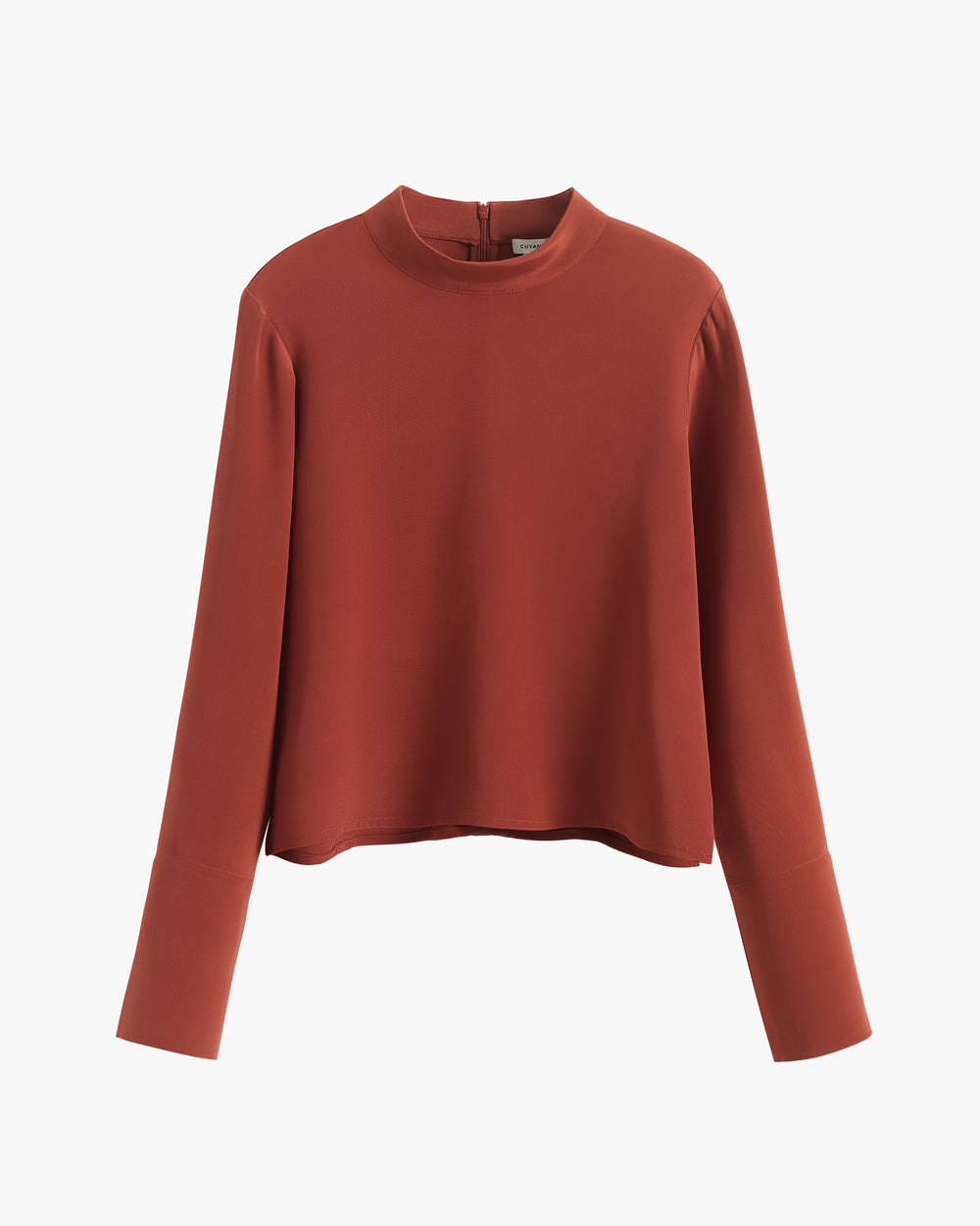 Long-sleeve top with round neckline displayed on white background.
