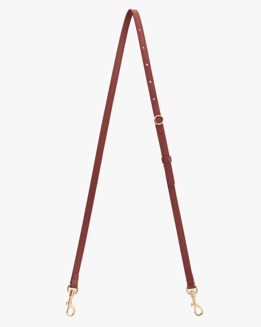 Leather strap with metal clasps and adjustable buckle on white background.