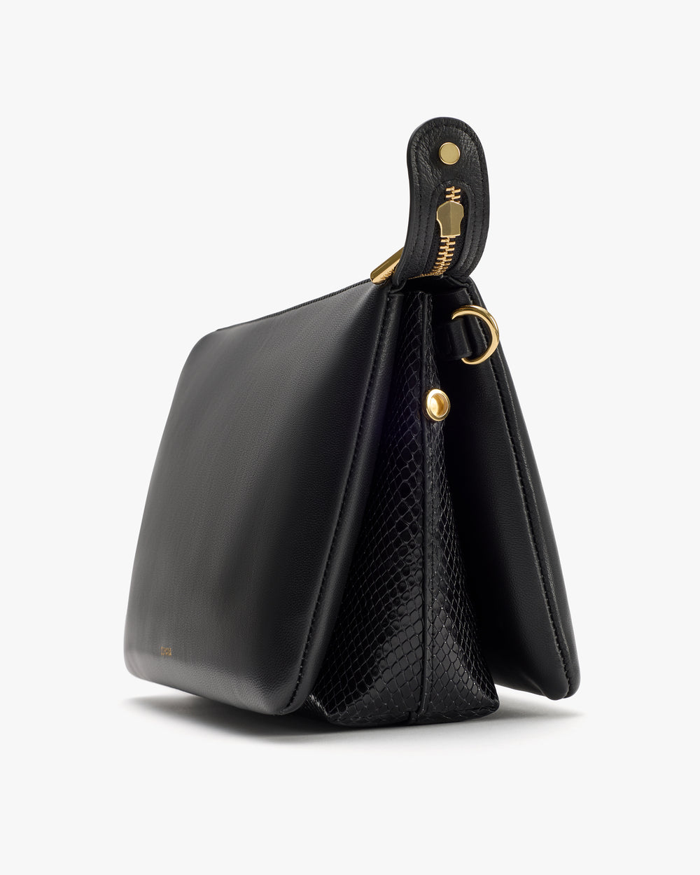 Handbag with croc-embossed leather trim and decorative fastener