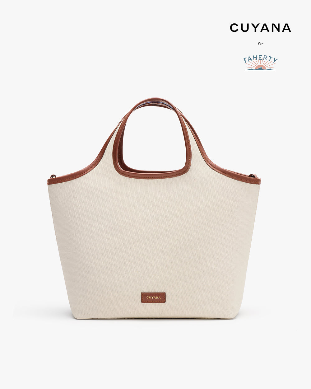 Tote bag with dual handles and a logo on front.