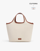 Tote bag with dual handles and a logo on front.