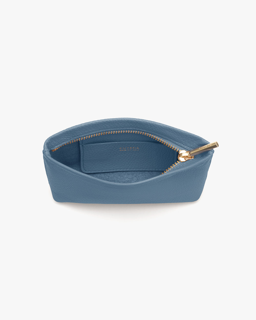 Open makeup bag with zipper and small interior pocket.