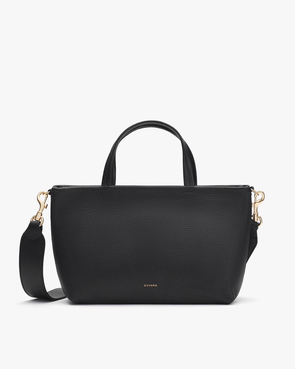 Handbag with top handles and a shoulder strap, standing upright.
