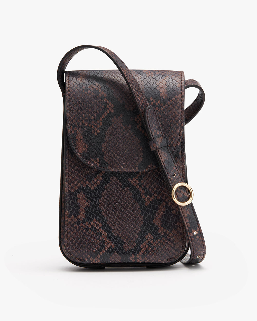 Textured pattern handbag with flap and shoulder strap.
