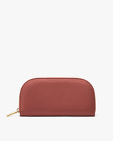 Rectangular leather pouch with zipper on top.