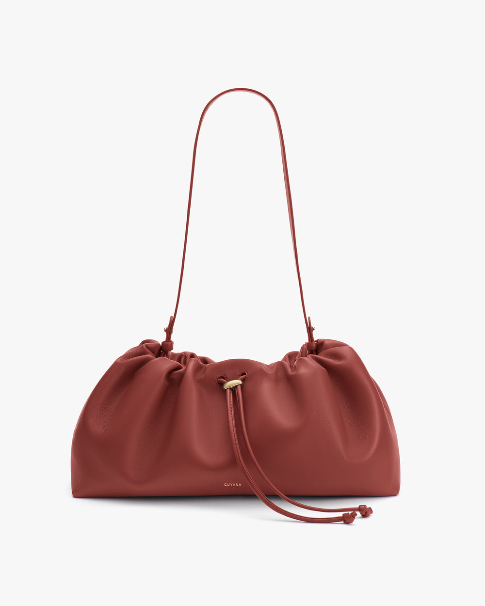Soft shoulder bag with a ruched design and single strap.