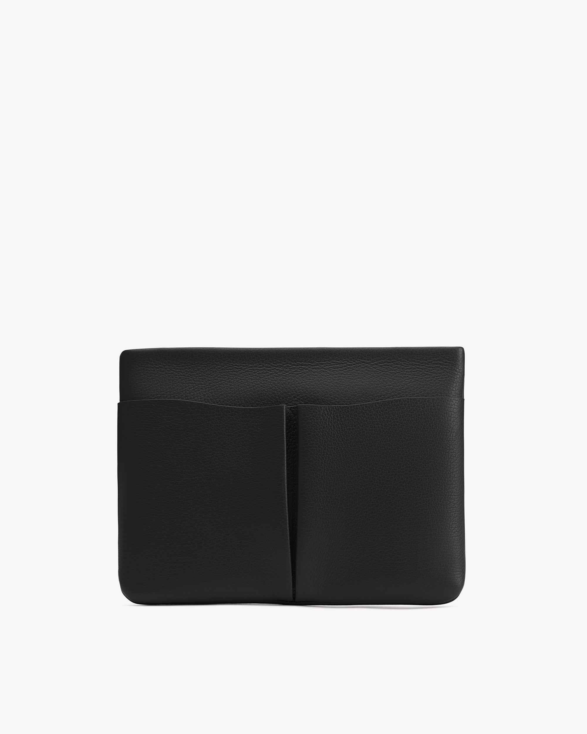 Rectangular clutch with two front pockets.