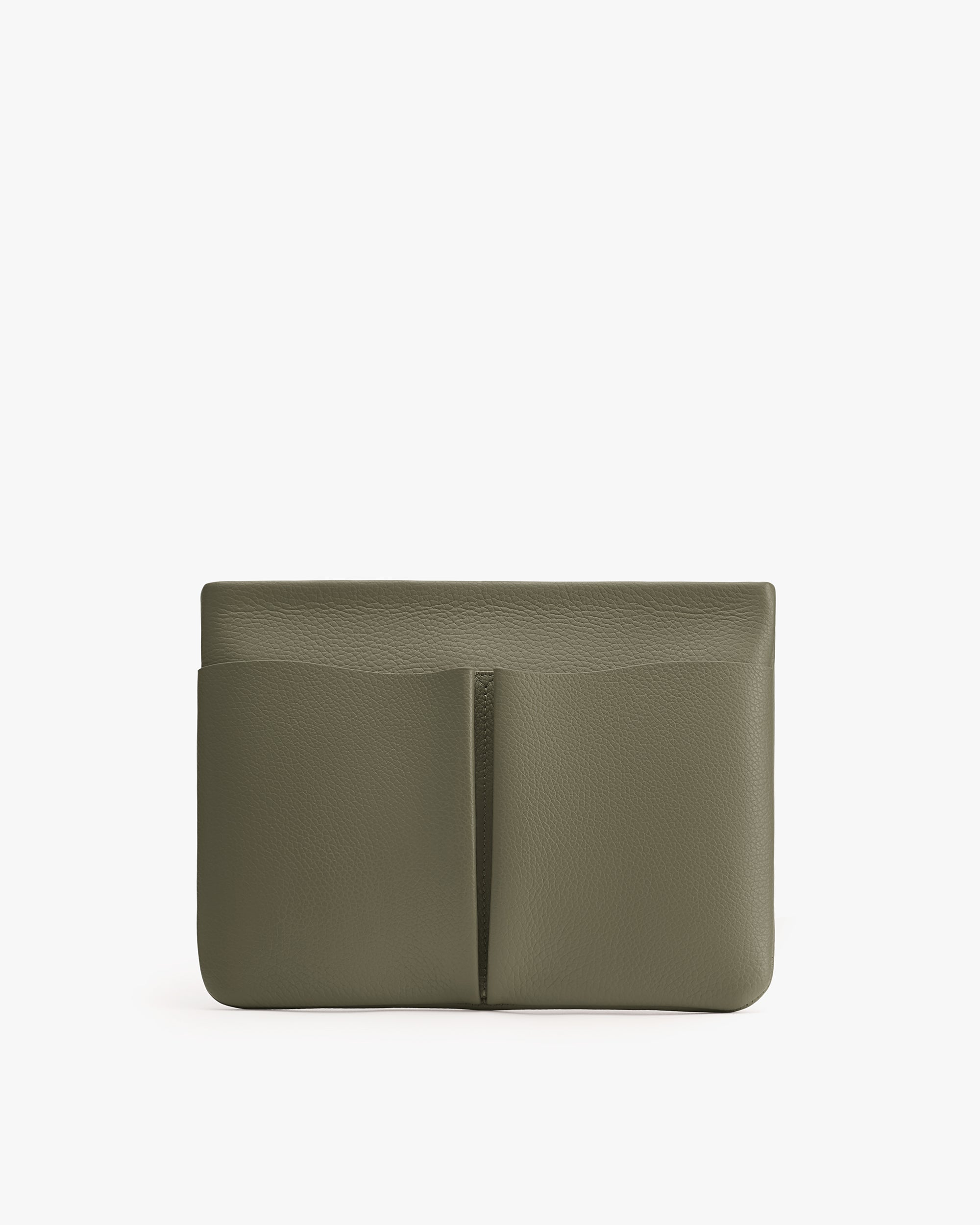 Rectangular leather clutch with a minimalist design and a front pocket.