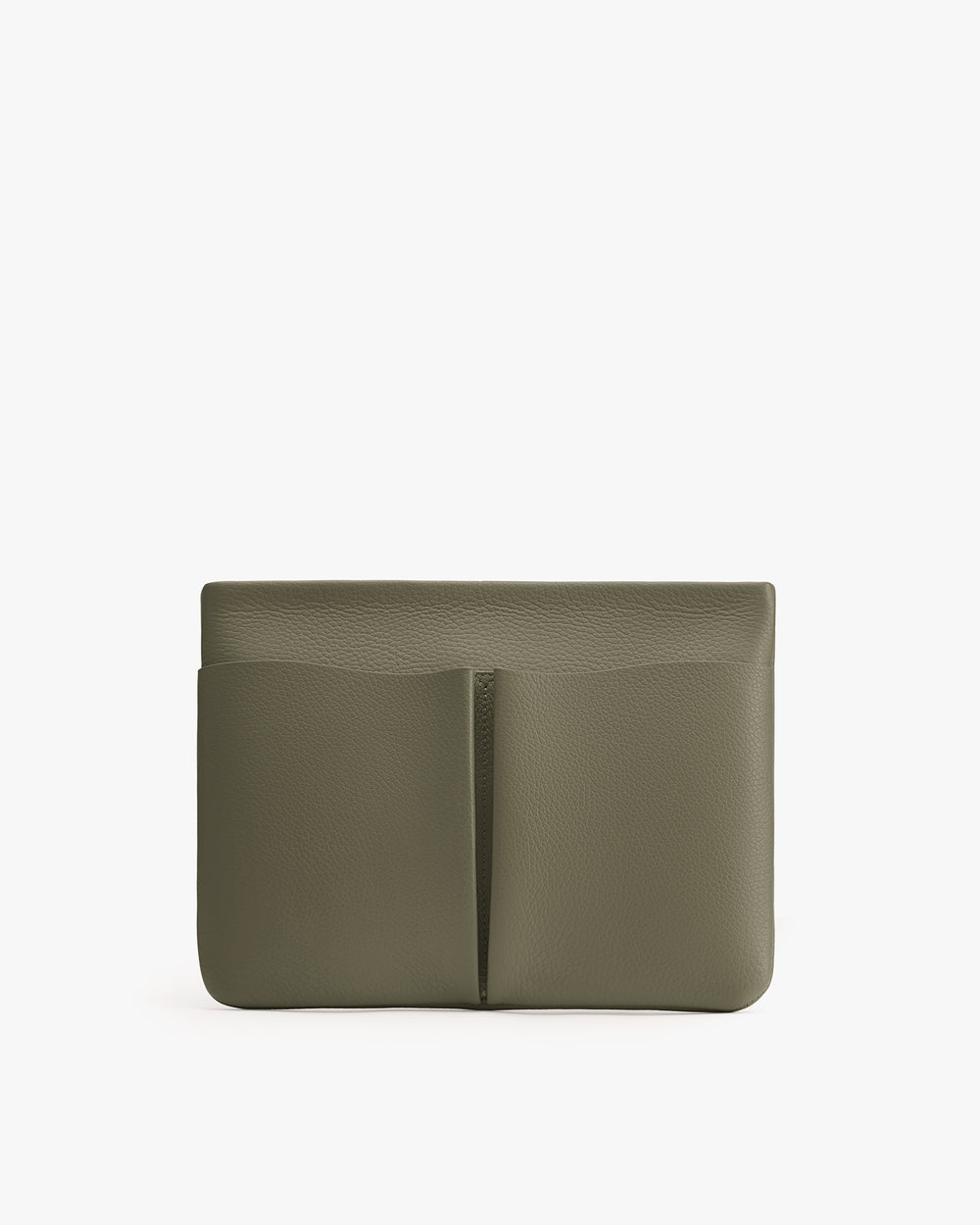 Rectangular leather clutch with a minimalist design and a front pocket.