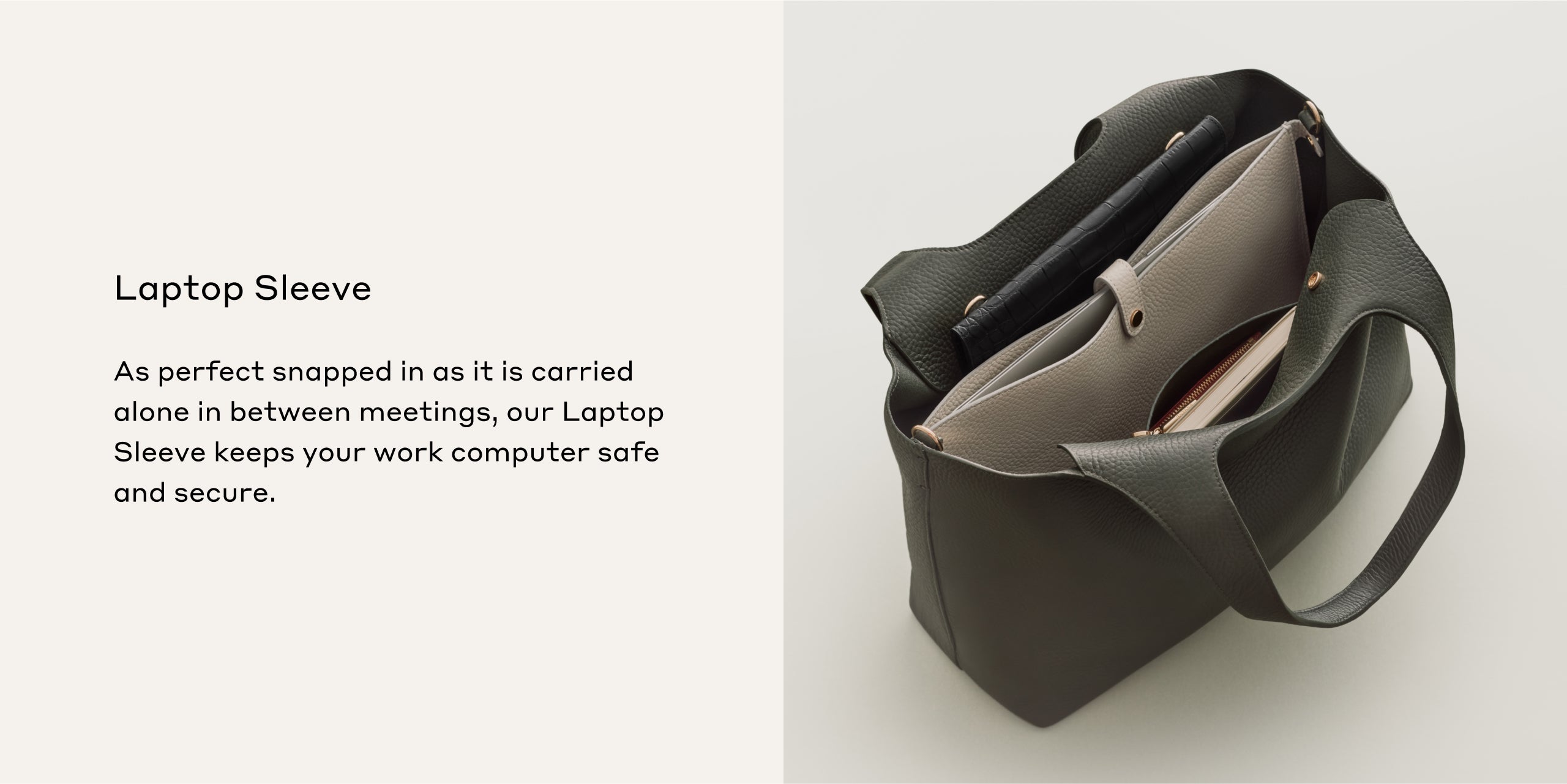 Laptop sleeve open with a laptop inside, next to promotional text.