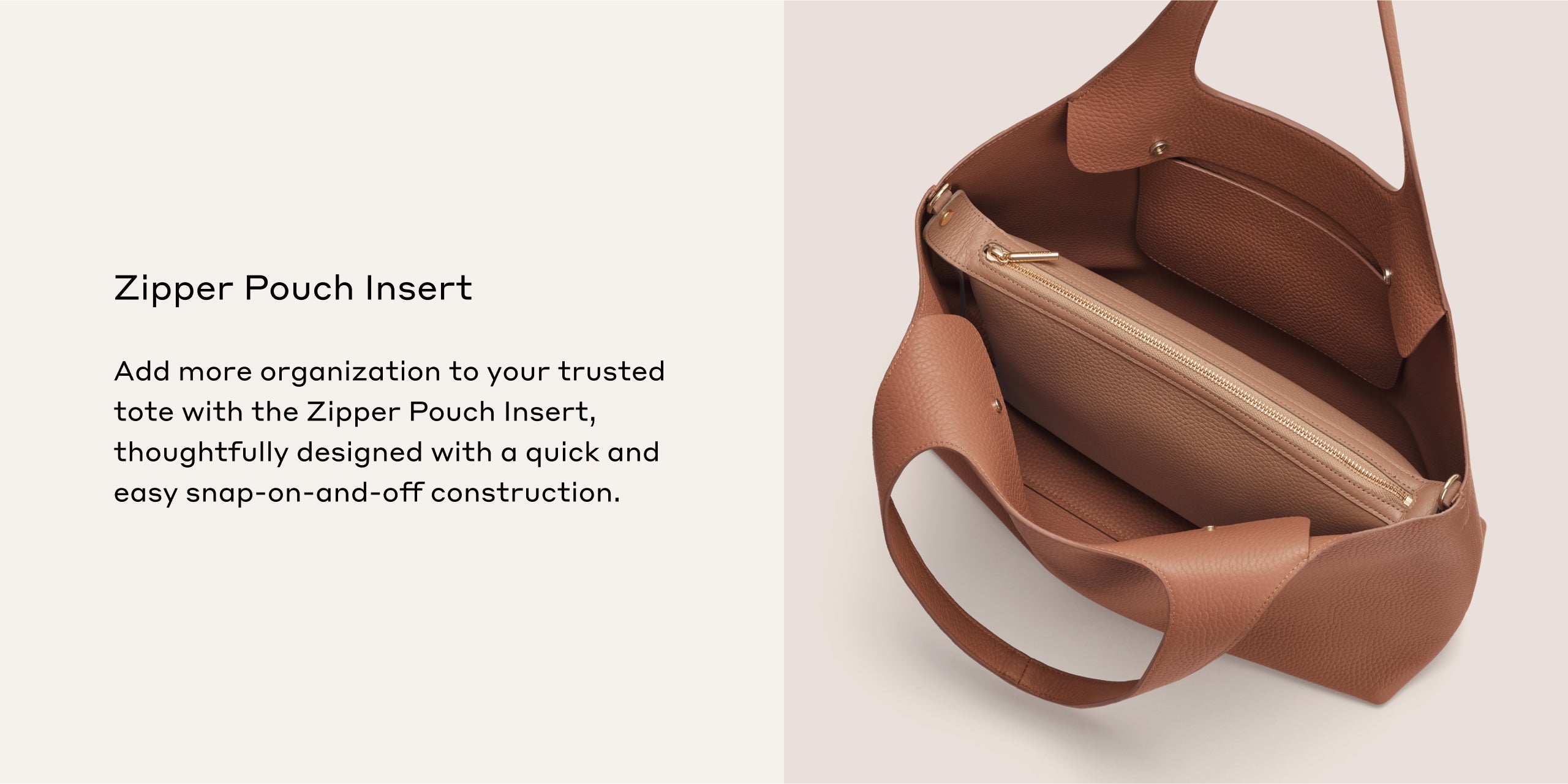 Open tote bag with a zipper pouch insert inside.