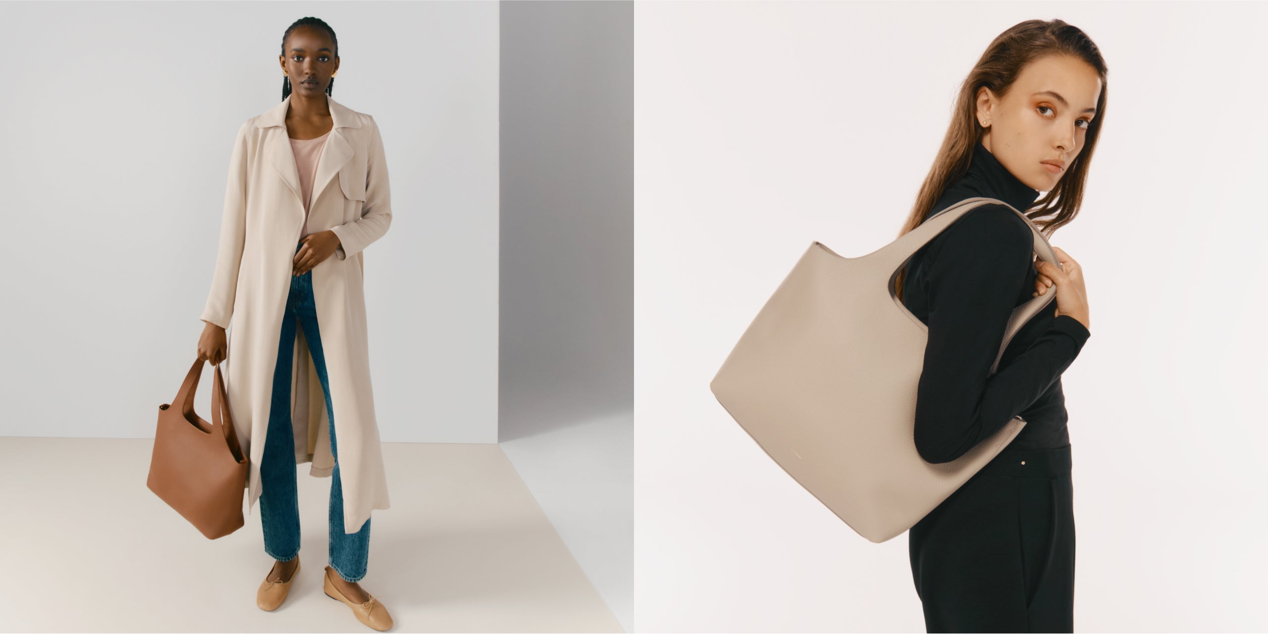 Two women posing separately, one standing with a handbag and the other with a large bag over her shoulder.