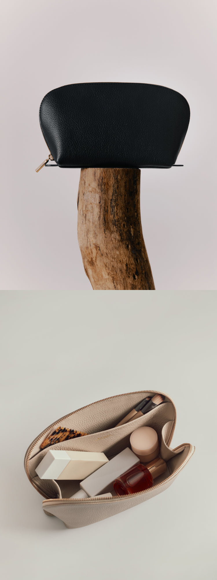 Top: pouch on wooden stand. Bottom: open pouch with toiletries.