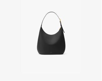 A minimalist handbag with a curved shape and a top handle.