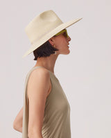 Profile of a person wearing a wide-brimmed hat and sunglasses, looking to the side.