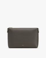 Rectangular purse with a zipper and brand name on the front.