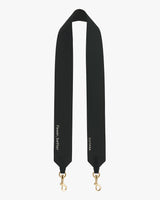 Camera strap with metal clasps and branded text.