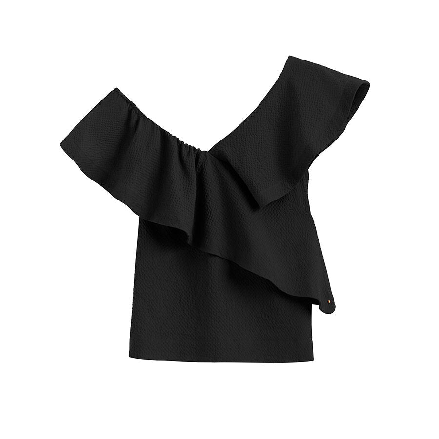 Asymmetric one-shoulder top with ruffle detail.