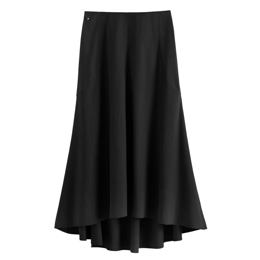 A-line skirt with high waist and asymmetrical hem.