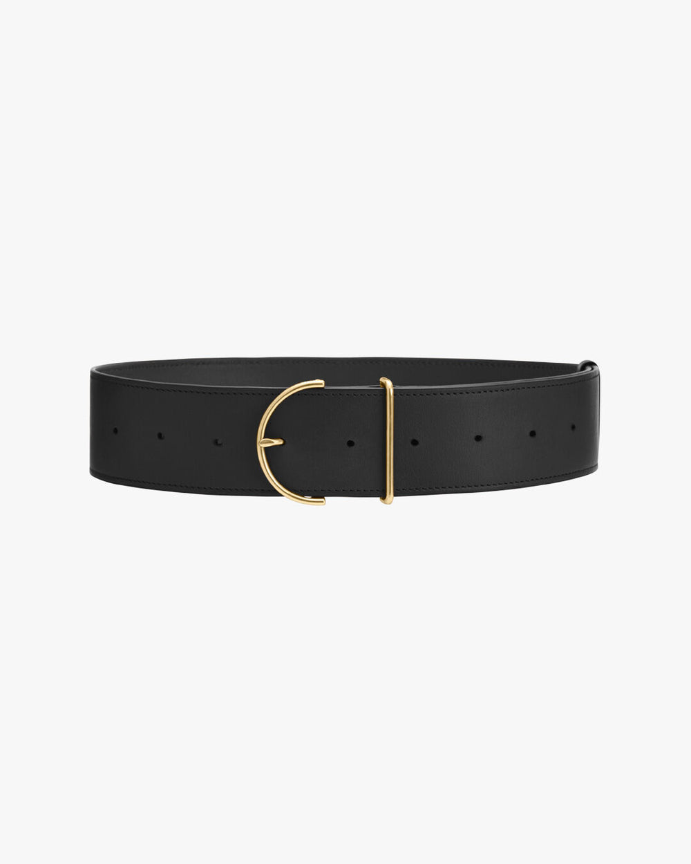 Belt with a circular buckle and multiple holes.